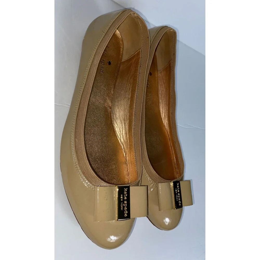 Kate Spade New York Patent Leather Ballet Flats Tan Bow Slip On Shoes 8.5 M